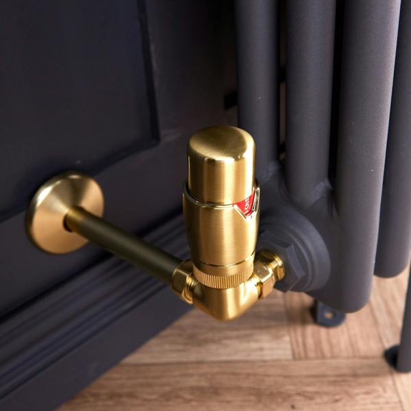 Flode Corner Thermostatic Radiator Valve Pack | 15mm x 1/2" | Brushed Brass