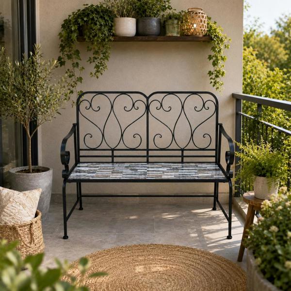 Oasis Mosaic 2 Seater Garden Bench, 112cm Outdoor Patio Seat with Ceramic Tile Seat, Scrollwork Backrest & Metal Frame image 4