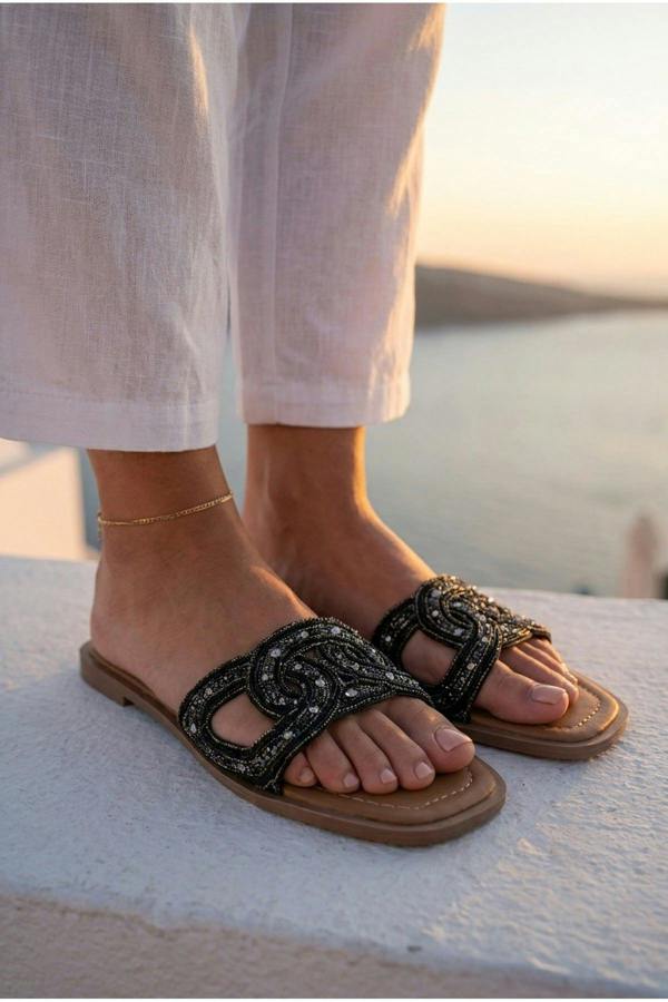 Maud Embellished Woven Knot Flat Sliders - Black