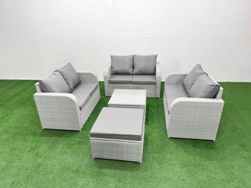Fimous  7 Seater PE Wicker Rattan Furniture Sofa Sets with Square Coffee Table 2 Seater Love Sofa Big Footstool Light Grey