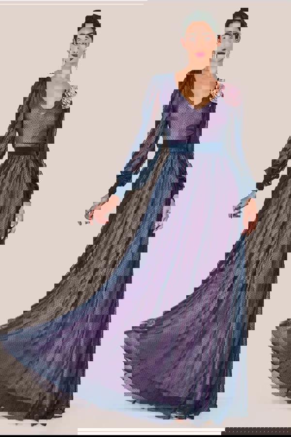 Corsage V-Neck Dobby Mesh Maxi - Blue DR4001