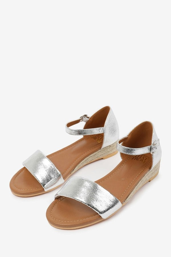 Where's That From Eleanor Low Wedge Shoes With Adjustable Ankle Strap in Silver Metallic Faux Leather