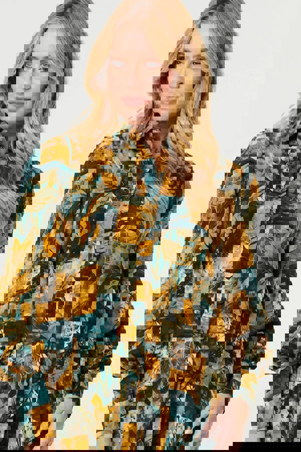 Teal | Leaf Print Puff Sleeve Relaxed Shirt
