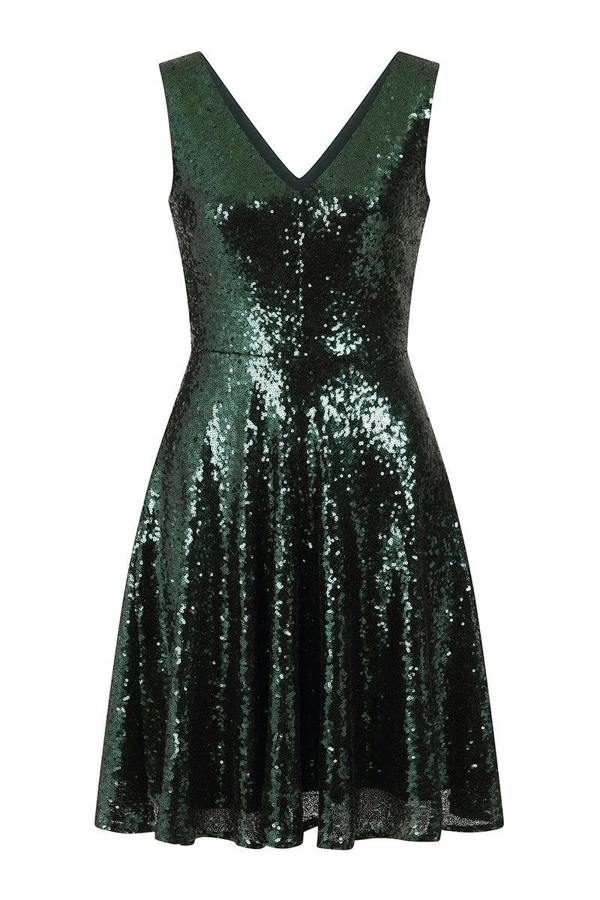 HotSquash Sequin V Neck Fit and Flare Dress