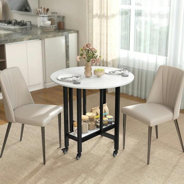 Folding Dining Table, Drop Leaf Table with Open Shelf, Rolling Kitchen Table for Dining Room, Small Spaces, White Marble - White Marble