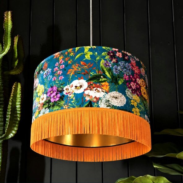 Love Frankie Teal Summer Meadow Velvet Lampshade with Gold Lining and Fringing