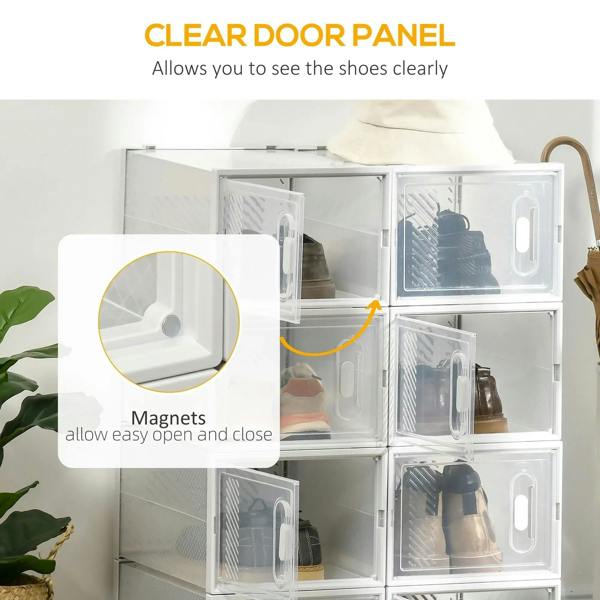Clear plastic shoe storage box with magnetic door and transparent window to view shoes