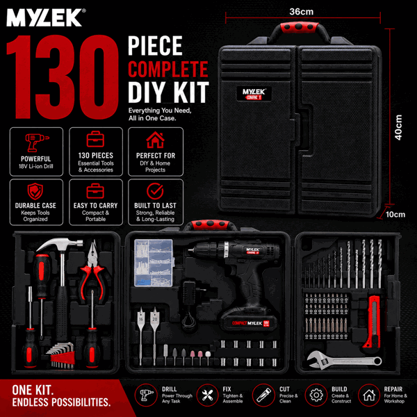 MYLEK 18V Cordless Li-ion Drill And 130 Piece DIY Home Kit With Carry Case