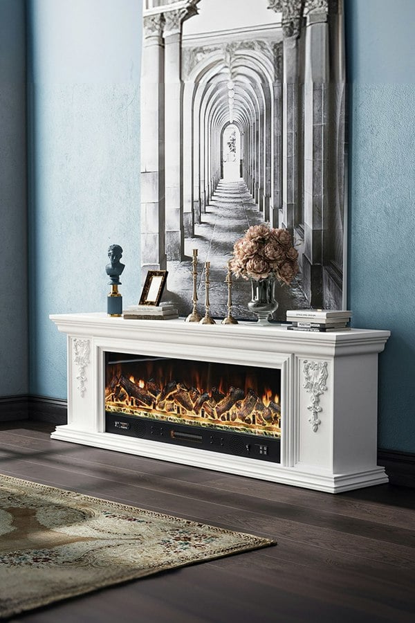 Living and Home Natural Resin Carved Craftsman TV Stand Electric Fireplace Adjustable Flame with Remote - Off White