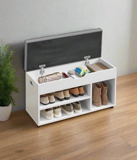 White shoe bench with cushion, hidden storage, and 3 compartments for hallway or bedroom


