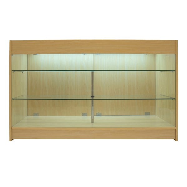Maple LED shop counter set featuring a sleek design, glass shelves, and soft lighting, ideal for displaying products elegantly