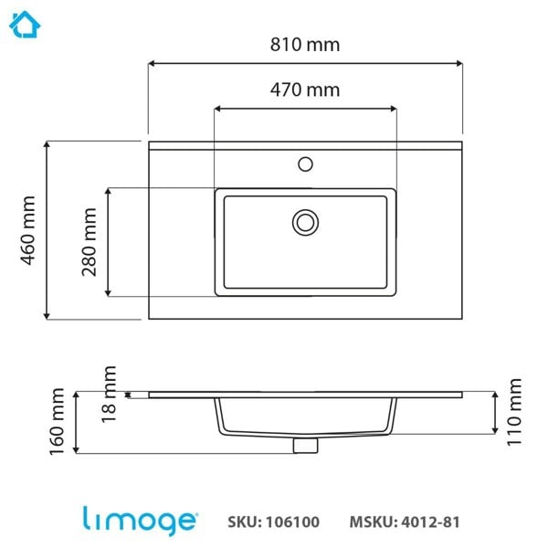 Limoge 4012 Ceramic 81cm Thin-Edge Inset Basin with Rectangular Bowl