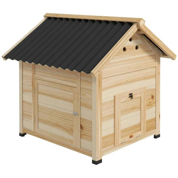 Natural wood duck house with double doors, slanted roof, and ventilation holes