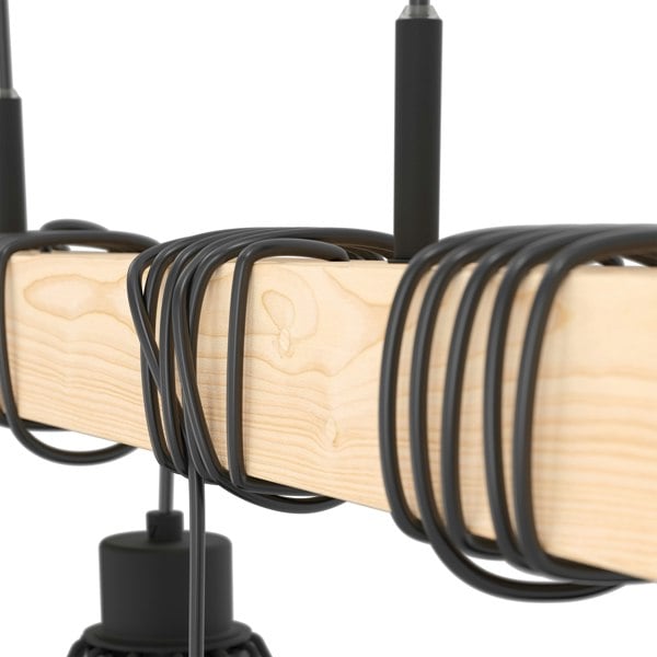 EGLO Townshend 5 Black/Natural Metal And Wood 4-Light Geometric Pendant - Industrial Style (L) 70cm