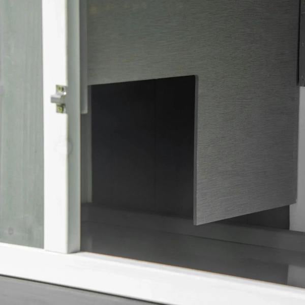White wooden hutch door latch and hinge hardware on mesh panel enclosure