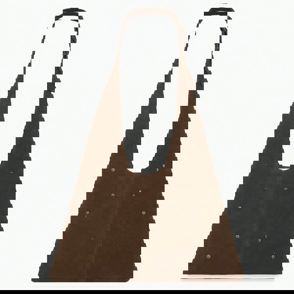 Image shows a bag which is triangular in shape, made from real suede, that is brown in colour.