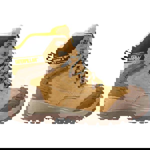 Caterpillar Striver XL 6" Mens Waterproof S7 Lace Up Safety Ankle Boots, yellow and brown work boots with durable construction, ankle support, and slip-resistant sole.