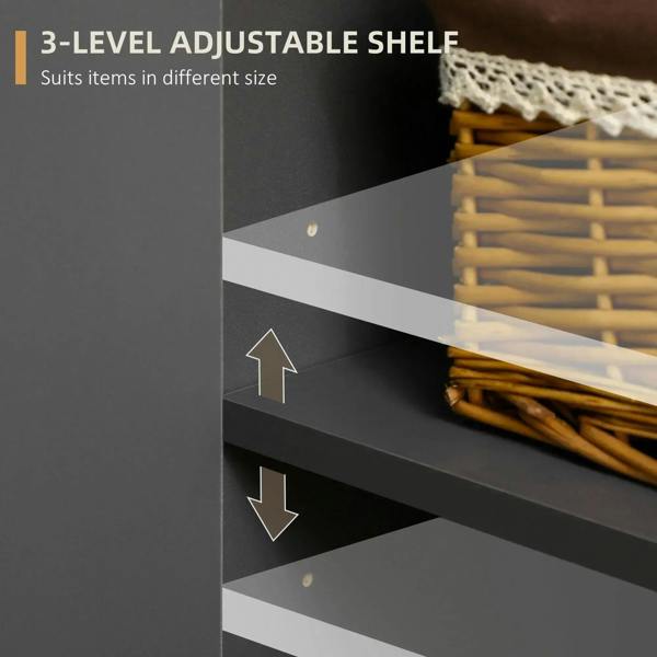 Dark grey sideboard interior with adjustable shelving and three-level storage rails