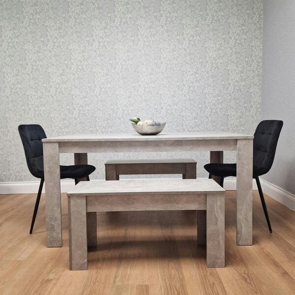 Kosy Koala Dining Table with 2 Black Velvet Chairs and 2 Stone Grey Benches Modern Dining Room Furniture Set