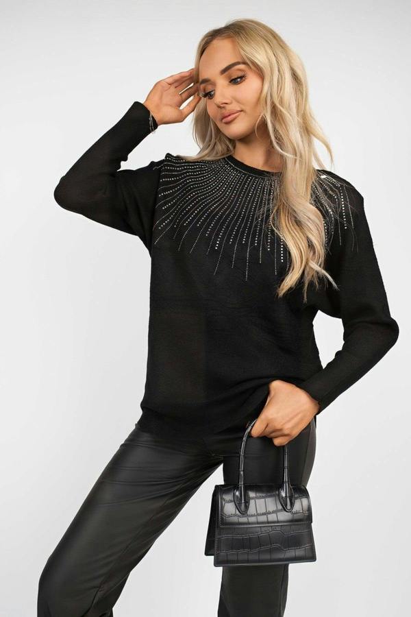Haisley Long Sleeve Knitted Jumper With Embellished Neckline - Black