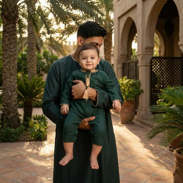 TT-003 - Baby Toddler Emirati Omani Gold Tassel Romper Thobe - Green - Thobez - 8