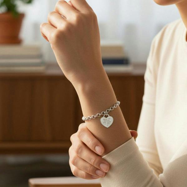 Sterling Silver T Bar Bracelet With Heart Charm and Engraving - Love Silver Jewellery