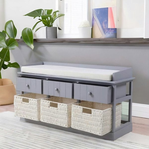 Rafaelo Mobilia Shoe Storage Bench With Cushioned Seat And 6 Drawers Grey