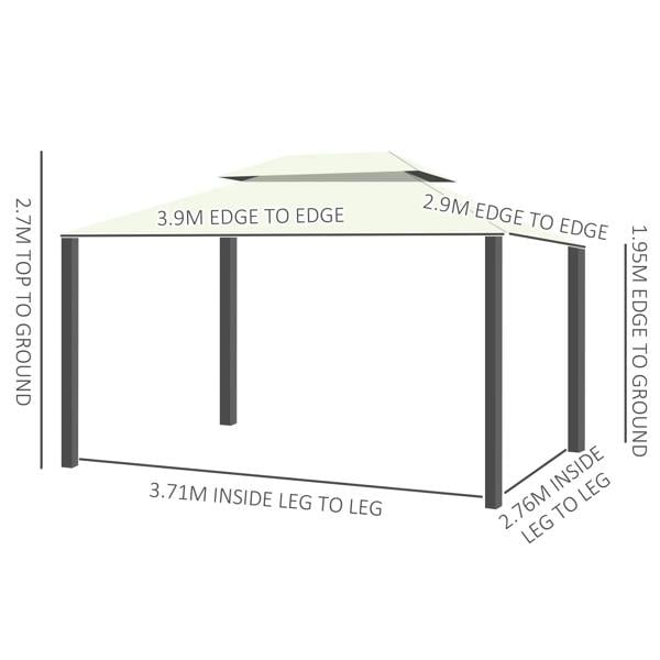 Cream gazebo frame diagram showing edge-to-edge and inside leg-to-leg dimensions
