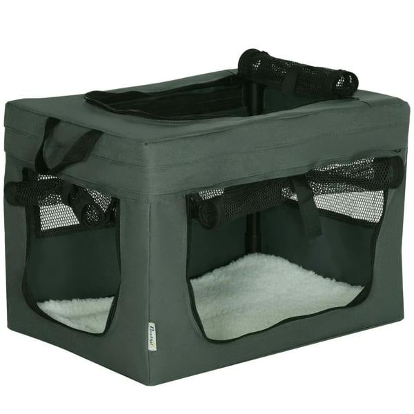 Grey foldable pet carrier with cushion, front mesh panels and zippered doors