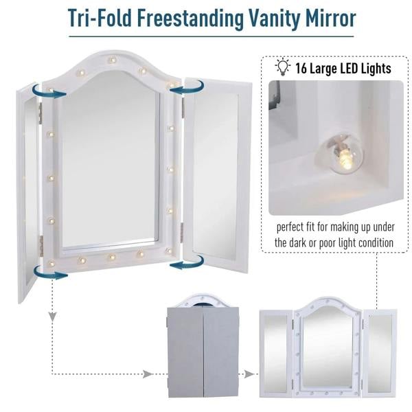 White tri-fold vanity mirror with arched center and 16 LED lights, open and folded views