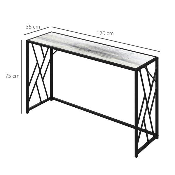 Industrial console table with grey wood-look top and black metal frame, 120 cm length