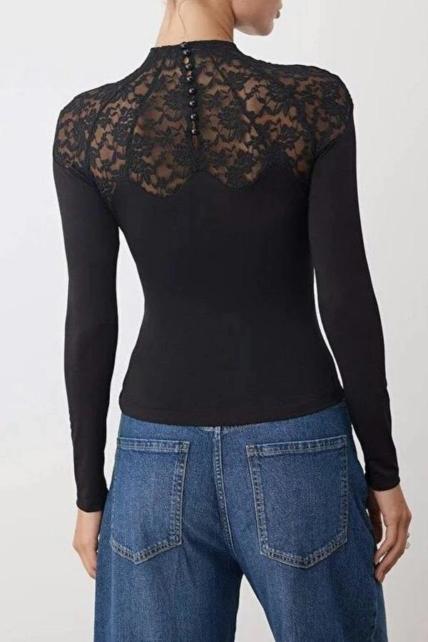 WOVCOR High Neck Lace Detail Knitted Party Blouse