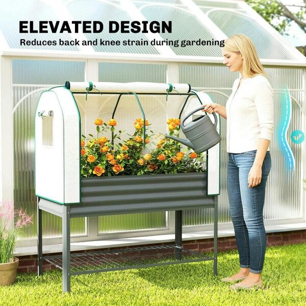 Galvanised Raised Planter with Greenhouse Cover, Metal Raised Garden Bed on Legs with Bed Liner and Bottom Shelf