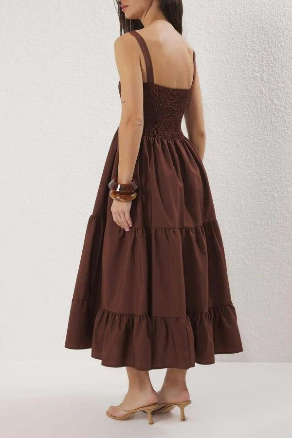 Ruched Square Neck Thick Strap A-Line Maxi Dress