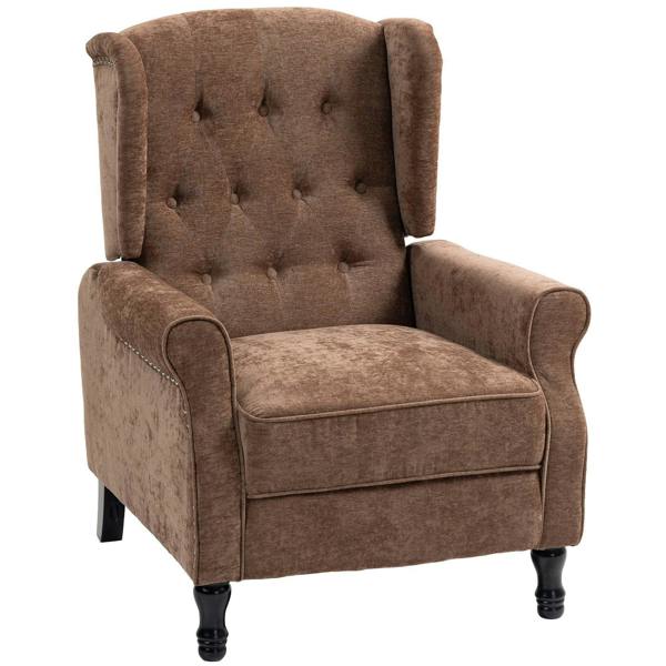 Brown vintage reclining armchair with tufted back and padded armrests, includes footrest