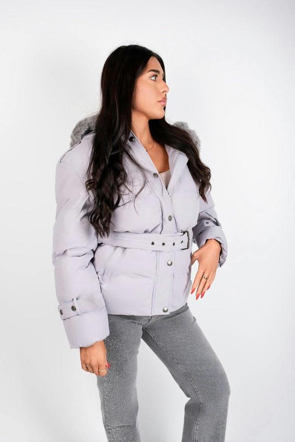 Serelina Belted Puffer Jacket With Faux Fur Hood - Beige