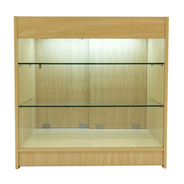 LED retail shop counter K900 in maple finish, featuring glass shelves, smooth texture, and built-in lighting for product display
