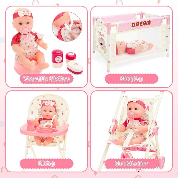 deAO Toys 24-Piece Baby Doll Care Playset – Includes Stroller, High Chair, Travel Cot, Feeding Accessories & Realistic Doll for Kids 3+
