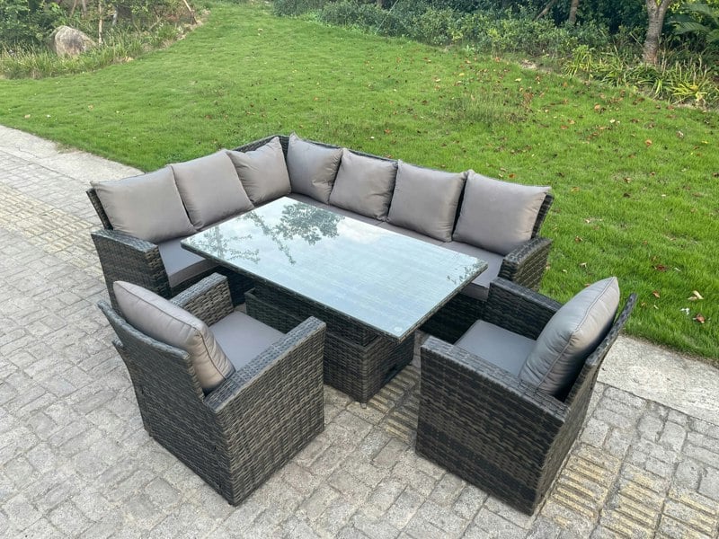 Fimous High Back PE Rattan Corner Sofa Set Garden Furniture Adjustable Rising Lifting Table Set With 2 Armchair