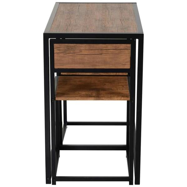 Wood-look tabletop with black metal base and lower shelf panel, natural finish