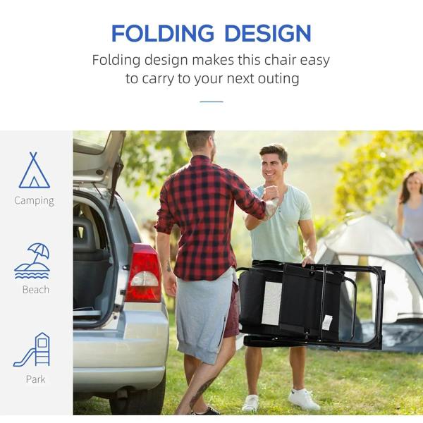 Black folding recliner patio chair with carry handle, shown folded for transport