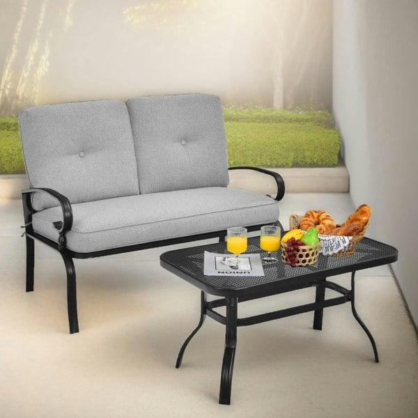 Rafaelo Mobilia 2 Seater Outdoor Bench With Padded Cushions And Table Grey