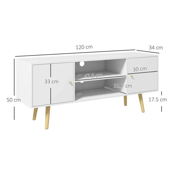 White TV stand cabinet with open center shelves, two side doors, and wood legs.
