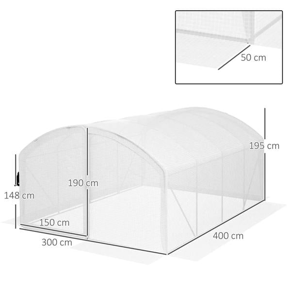 White greenhouse frame and cover with size dimensions shown in diagram