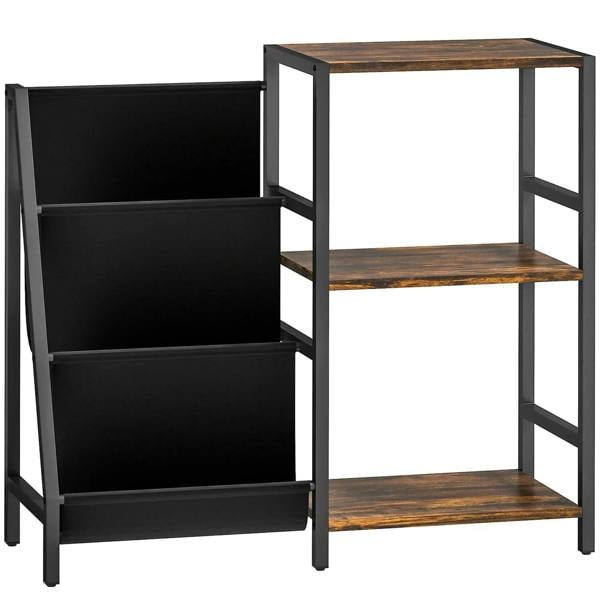 3-tier record player stand end table with rustic brown shelves and black back panels