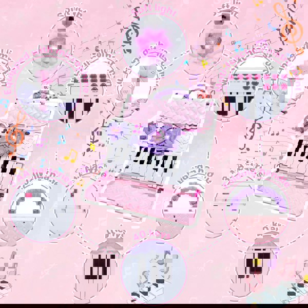 deAO Toys Pink Kids Musical Keyboard Toy with Microphone 40-Key Foldable Piano with Music Lights