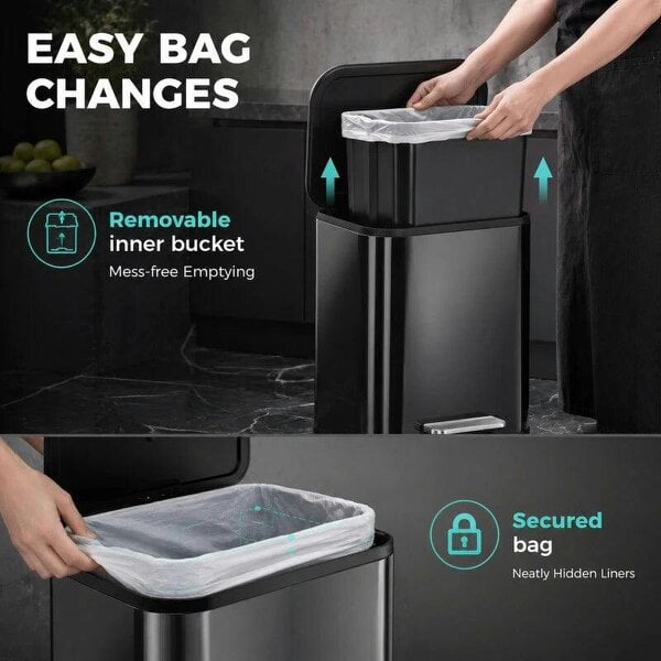 50L Kitchen Bin, Metal Pedal Rubbish Bin with Soft Close and Stay-Open Lid, Removable Inner Bucket, High Gloss Black