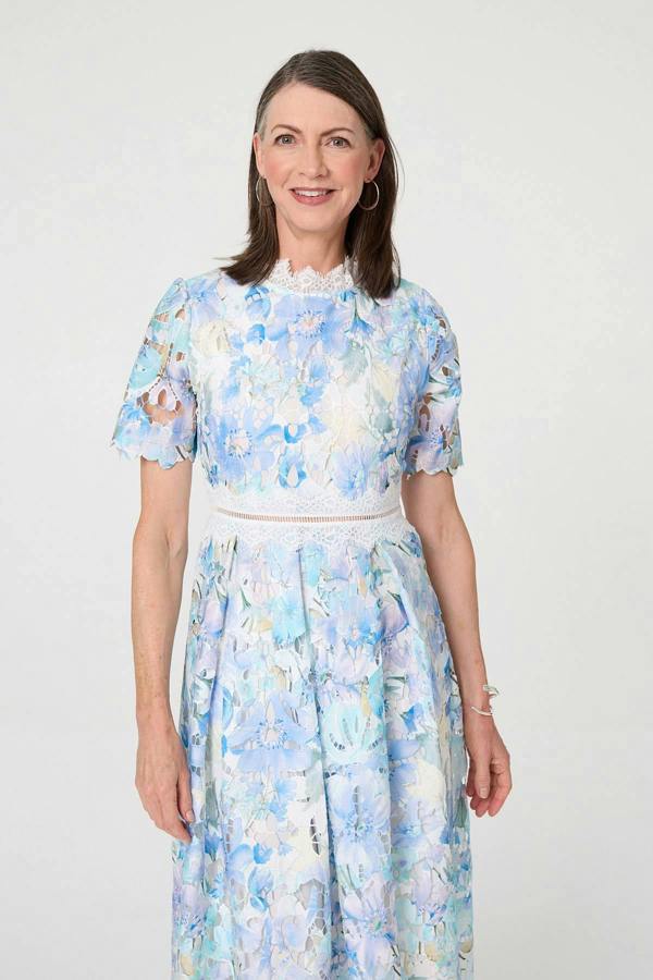 Blue | Floral Semi Sheer Lace Layer Midi Dress