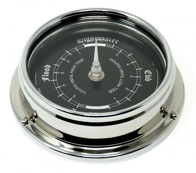 Handmade Prestige Tide Clock in Chrome With A Jet Black Dial created with a mirrored backdrop - TABIC CLOCKS