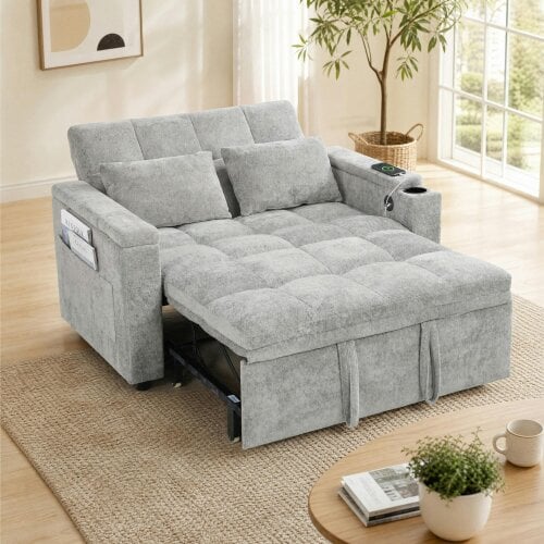 HOMCOM 2 Seater Sofa Bed with USB Port, Armrest Storage, Side Pockets, Grey
